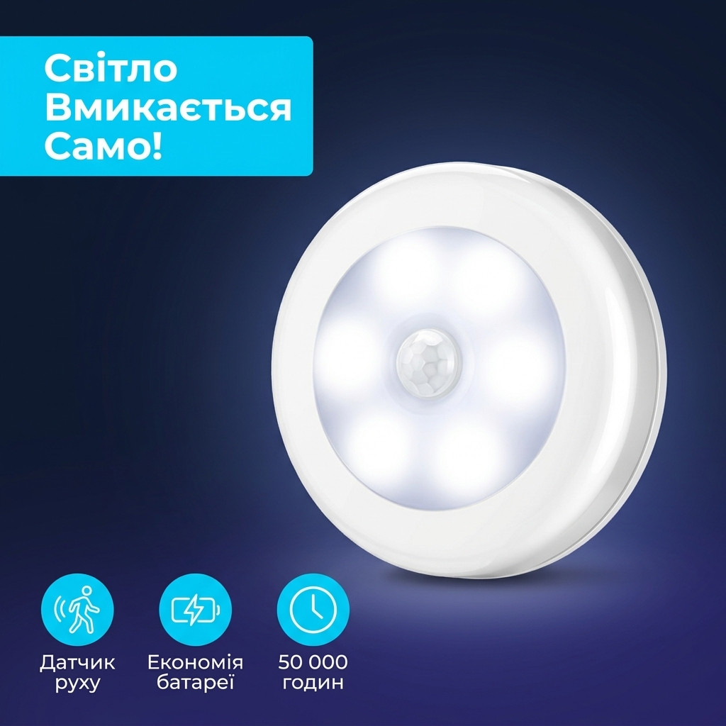 LED-світильник з датчиком руху, увімкнений у темряві, холодне біле світло