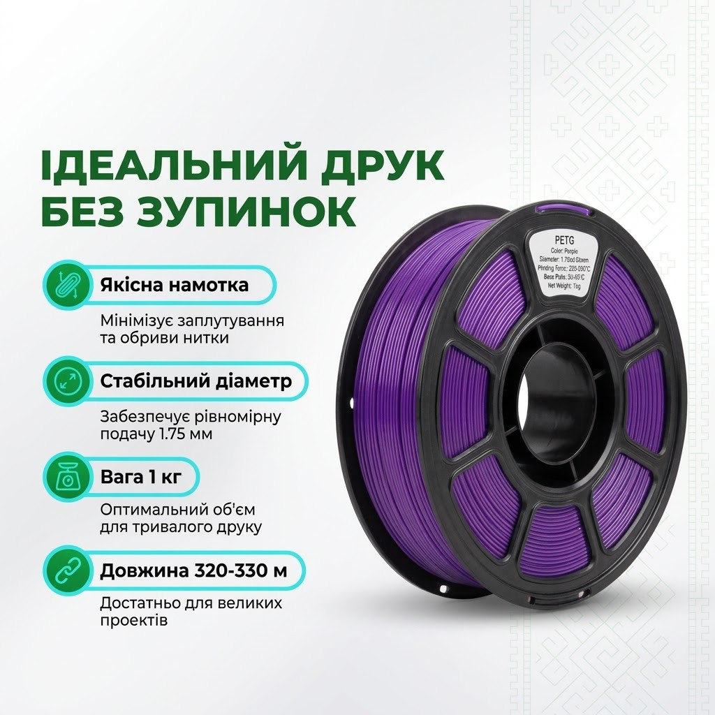 Фіолетова нитка PETG 1.75 мм крупним планом на котушці Three mercies
