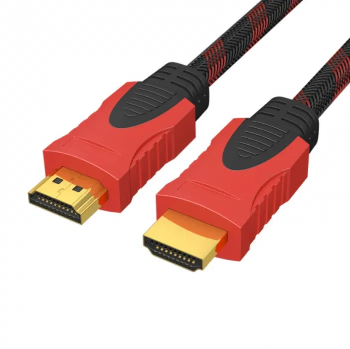 Обидва роз'єми HDMI кабелю поруч: видно позолочені контакти й оплітку