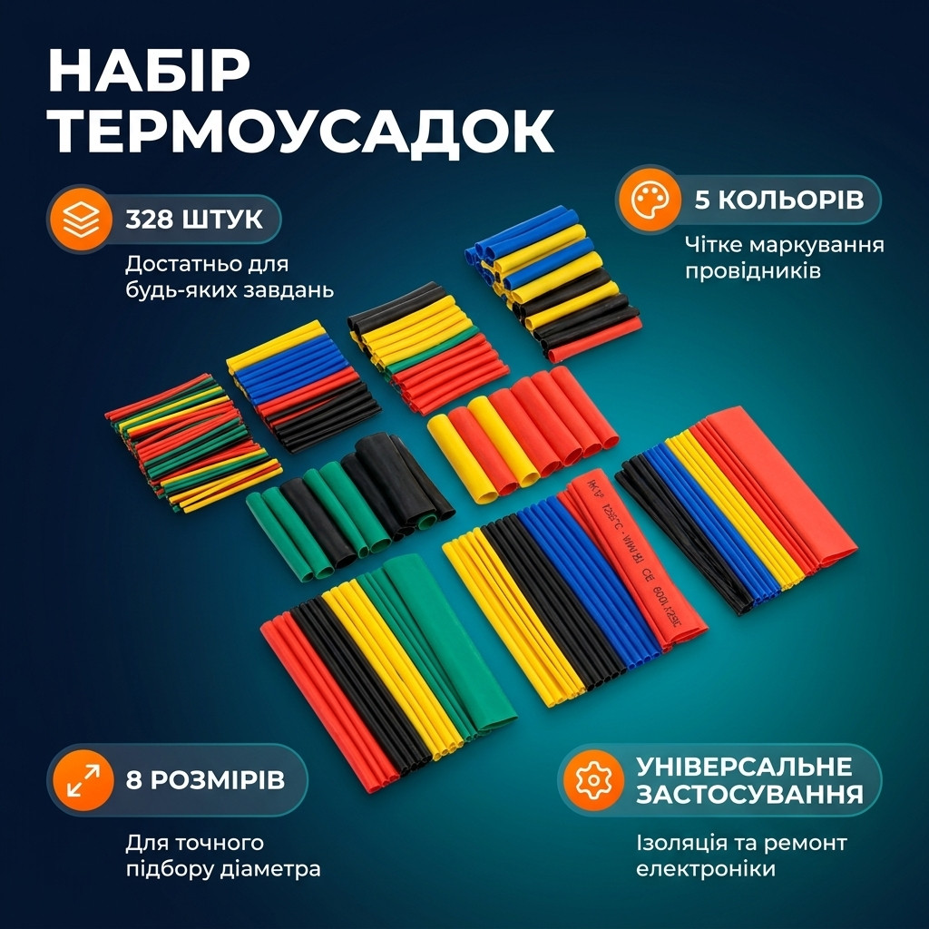 Термозбіжні трубки восьми діаметрів, розкладені за розмірами