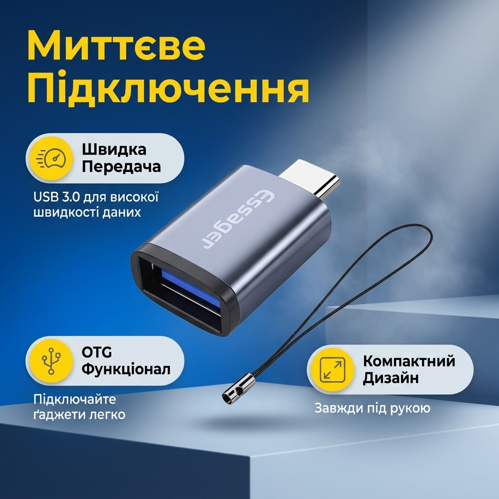 Сірий перехідник Essager OTG, ракурс збоку на корпус зі сплаву