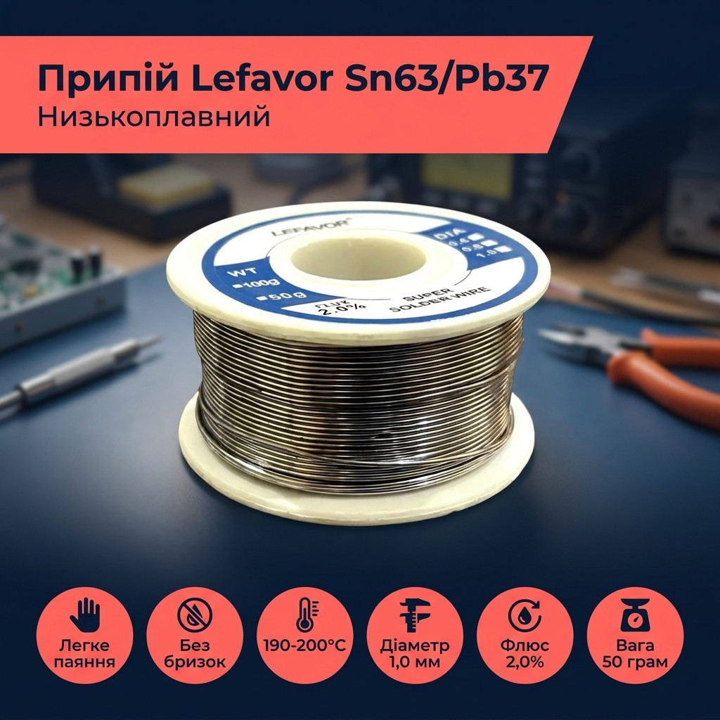 Моток припою Lefavor під кутом, видно щільно намотаний дріт