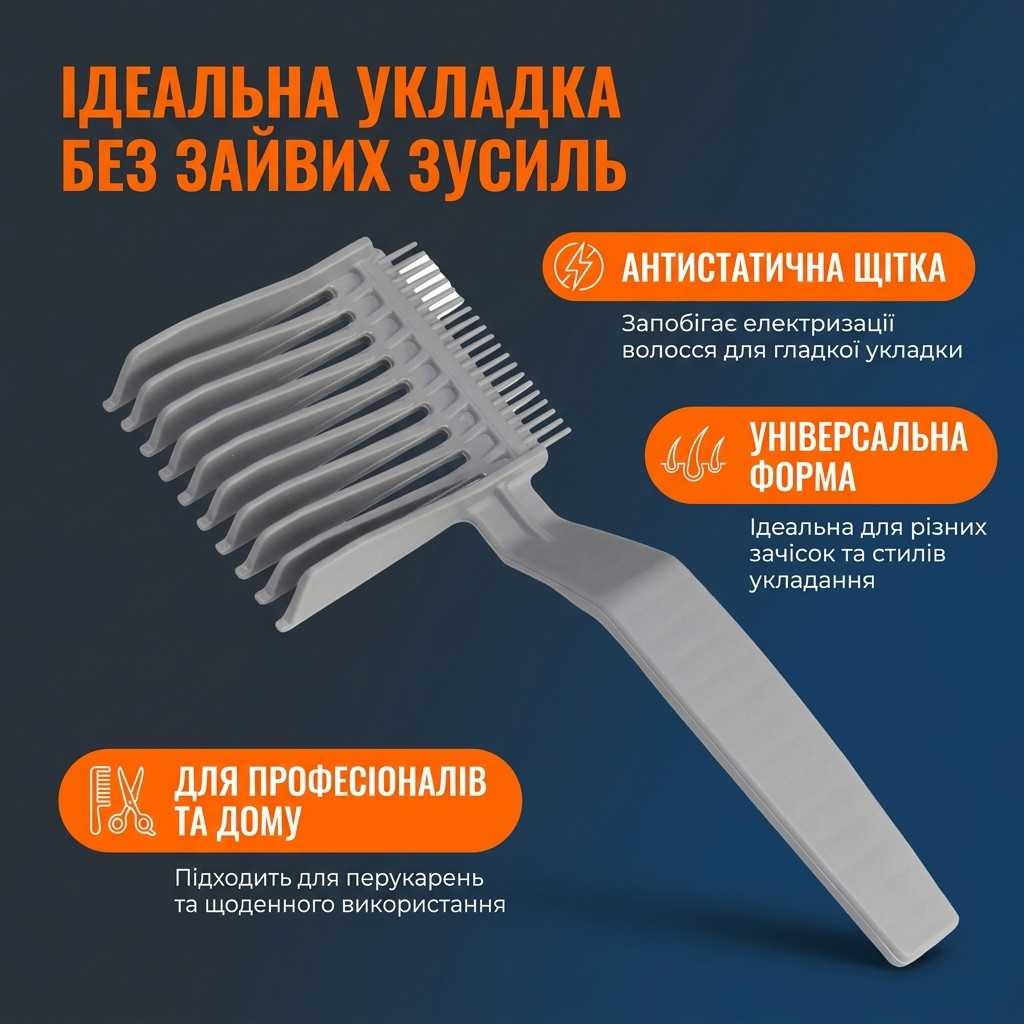 Укладання зачосу назад сірим гребінцем для волосся