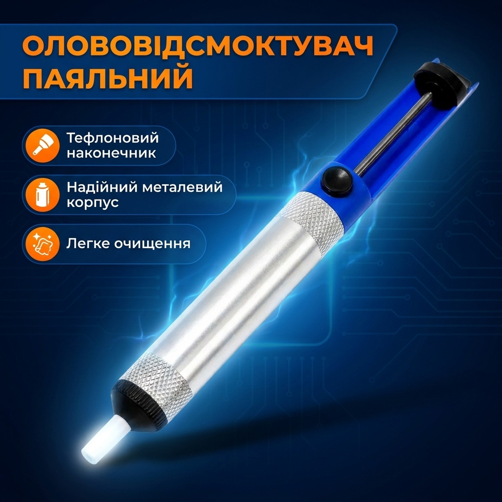 Олововідсмоктувач повністю, вигляд збоку, синій корпус