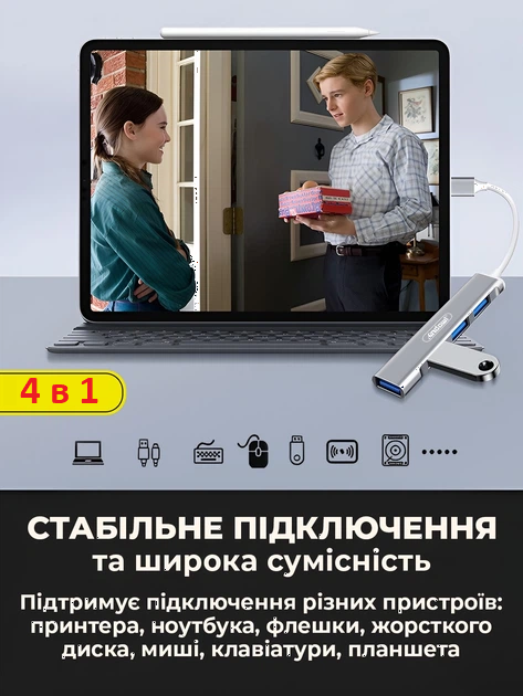 USB-хаб Andowl Q-HU1BX1 зверху, видно розташування чотирьох портів