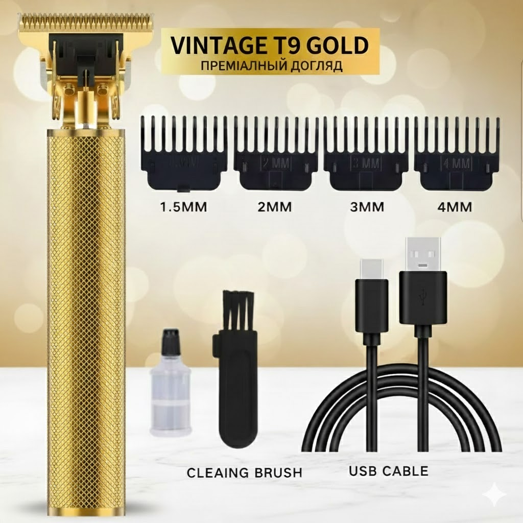 Комплект тримера Vintage T9 Gold: насадки, USB-кабель, щіточка й масло
